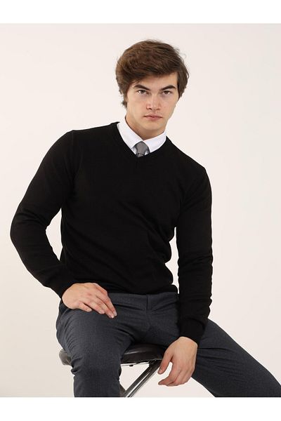 Dufy Black Men's Slim Fit Plain Classic V-Neck Knitwear - 91127