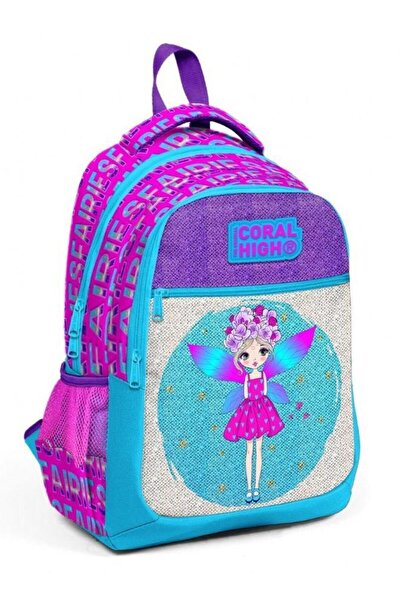 Coral High Kids Pink Blue Fairy Patterned Glitter Three Compartment School Ba...