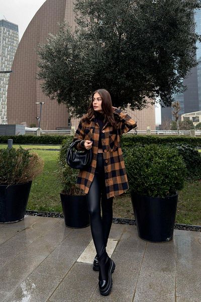 NEW LAVİVA Women's Brown Double Pocket, Plaid Pattern, Comfortable Fit, Long Stamp Shirt