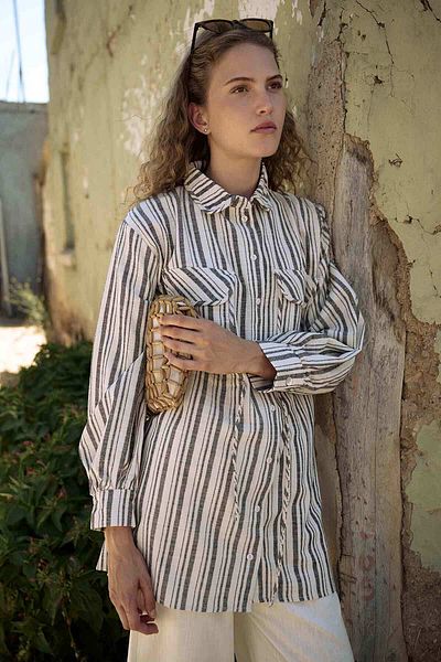 Hooopstore Black Linen Jacket - Natural Striped Design