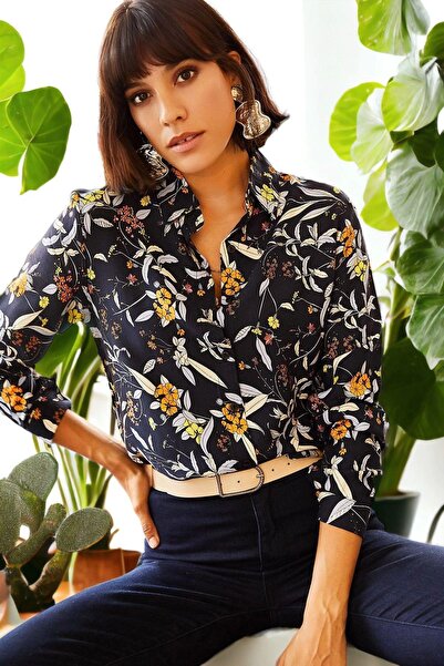 NEW LAVİVA Kadın Siyah Klasik Yaka Çiçek Desenli Uzun Kol Gömlek, Regular Kes...