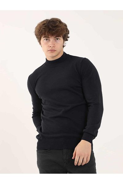 Dufy Navy Blue Men's Slim Fit Plain Classic Half Turtleneck Knitwear - 91097