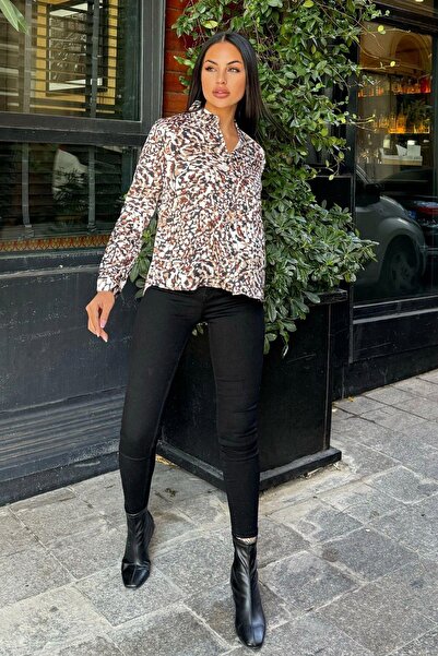 NEW LAVİVA Καφέ λεοπάρ στάμπα, μακρυμάνικο, κλασική εφαρμογή, σατέν πουκάμισο