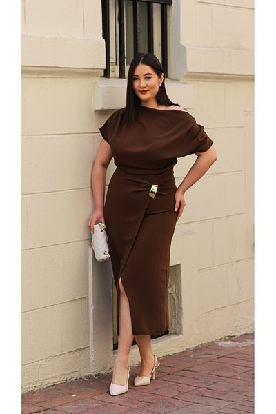 LAMAZONEEXXEN Modern Draped "Brown" Midi Dress with Waist Buckle