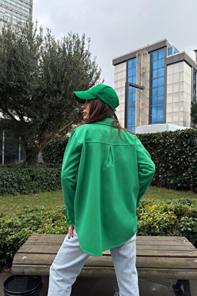 NEW LAVİVA Manecă lungă verde pentru femei, buzunar dublu, pliu la spate, tiv oval, despicat, jachetă de cămașă din gabardină