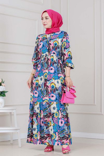 Sevitli Floral Viscon Dress with Tunnel at the Waist-Blue