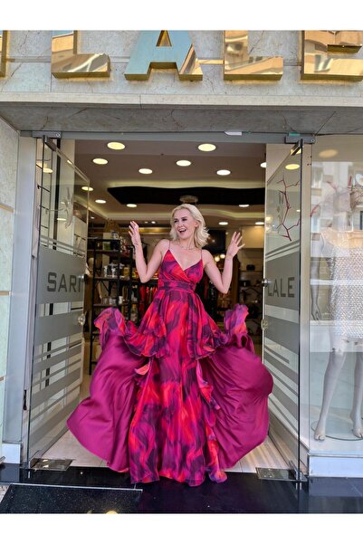 Eva Fashion Fukszia mintás hosszú estélyi ruha mélyen dekoltált szárakkal