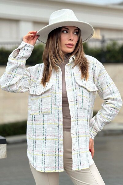 NEW LAVİVA Дамска бяла риза от туид с кариран десен, с двойни джобове, дълга и широка