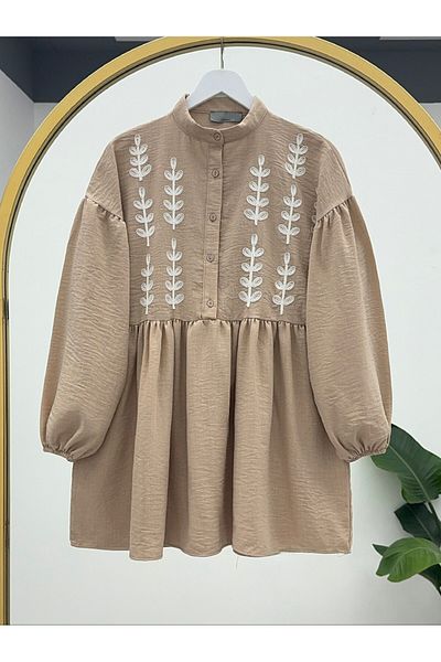 Modamorfo Punch Embroidered Half Button Linen Tunic -Beige