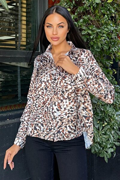 NEW LAVİVA Καφέ λεοπάρ στάμπα, μακρυμάνικο, κλασική εφαρμογή, σατέν πουκάμισο