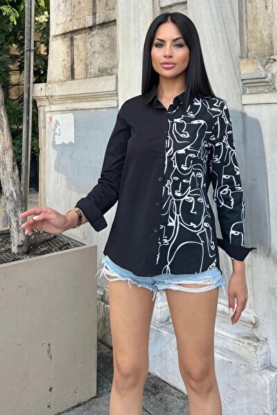 NEW LAVİVA Model alb-negru - Cămașă de damă cu croială obișnuită în două culori, cu mânecă lungă