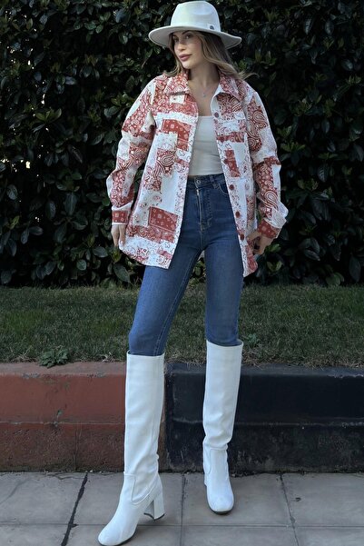 NEW LAVİVA Țesătură gabardină cu model roșu pentru femei, croială ovală pe fustă, cămașă oversize cu buzunare