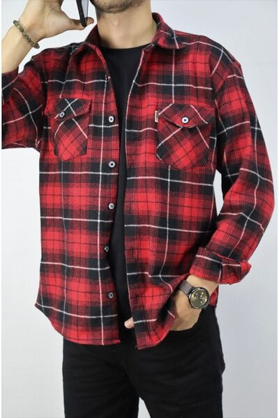 inpool Κόκκινο ανδρικό πουκάμισο με κανονική εφαρμογή με μακρυμάνικο γιακά με διπλή τσέπη ξυλοκόπο καρό πουκάμισο