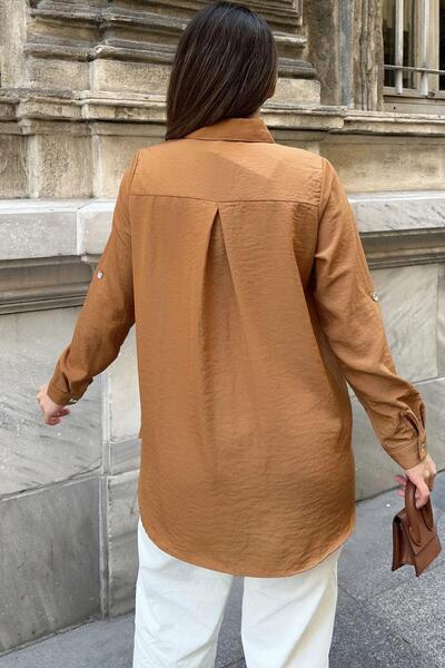 NEW LAVİVA Кафява риза с перлени детайли и плисета от купро - двойни джобове, дишаща