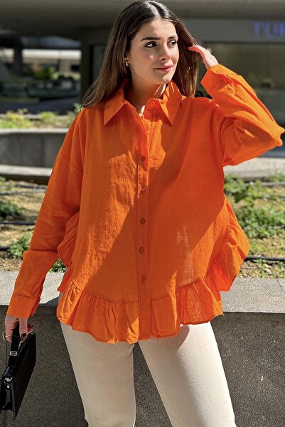 NEW LAVİVA Cămașă portocalie pentru femei - Fustă cu volan, Detaliu cu fante, țesătură anti - transpirație, lejer (in bumbac)