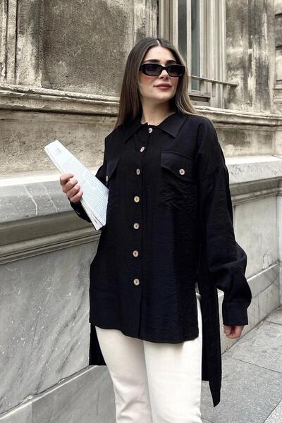 NEW LAVİVA Kadın siyah Balon Kol, Pileli, Yırtmaçlı, Oversize, Keten Tunik Gö...