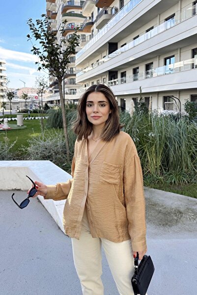 NEW LAVİVA Дамска блуза с V-образно деколте, дълъг ръкав, плат Airobin, плисирана гръбна част, свободна кройка