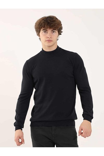 Dufy Navy Blue Men's Slim Fit Plain Classic Half Turtleneck Knitwear - 91097
