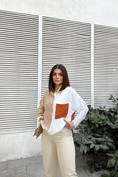 NEW LAVİVA Cămașă supradimensionată pentru femei, bej și cărămidă, cu mânecă lungă, cu buzunare