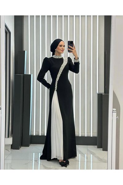 MERETTO By Akıl Stone Embroidered Judge Collar 1St Quality Lined Suzana Fabric Long Evening Dress Hijab Dress