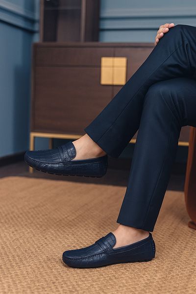Deriderim Croco Patterned Navy Blue Genuine Leather Men's Shoes