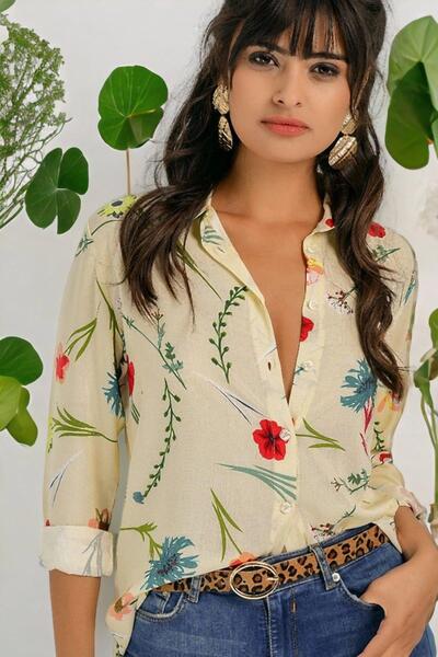 NEW LAVİVA Cămașă de damă, bej, cu mânecă lungă, cu model floral, cu guler cl...