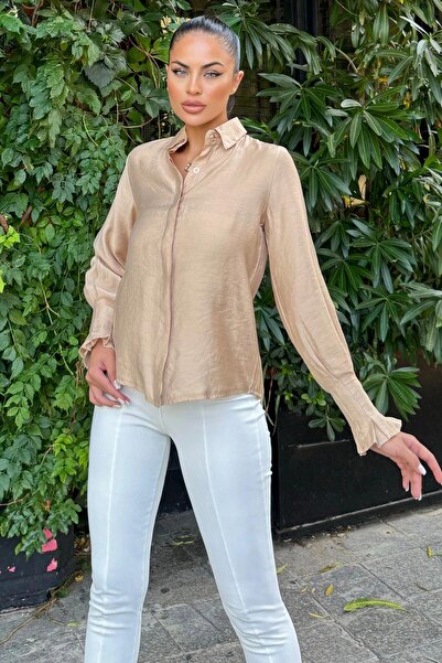 NEW LAVİVA Mink Satin Pleat Detailed Long Sleeve Blouse