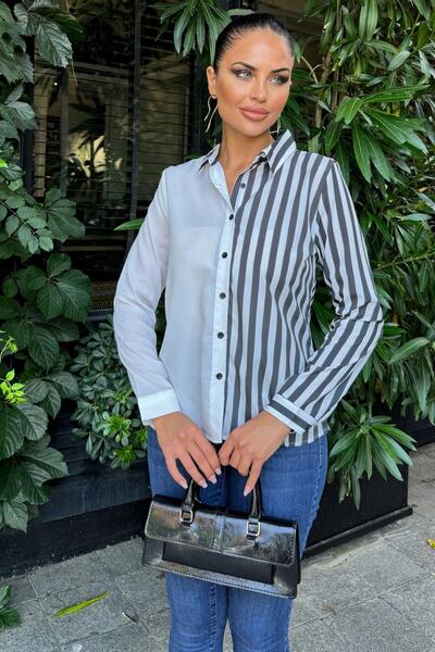 NEW LAVİVA Kadın Beyaz & Siyah İki Renkli Çizgili, Uzun Kol,Regular Kesim Gömlek