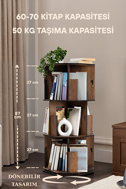 Vigo Wood 360° Dönebilir Ahşap Kitaplık 3 Katlı Ceviz