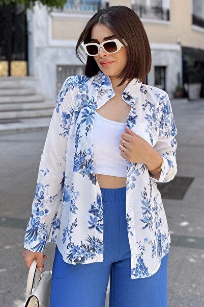 NEW LAVİVA Ecru & Blue Classic Collar, Long Sleeve, Digital Printed Fabric, R...