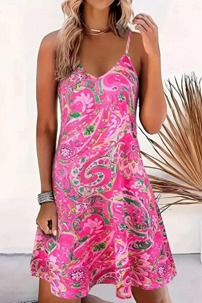 Mossta Patterned Summer Single Jersey Dress with Strap - Pink