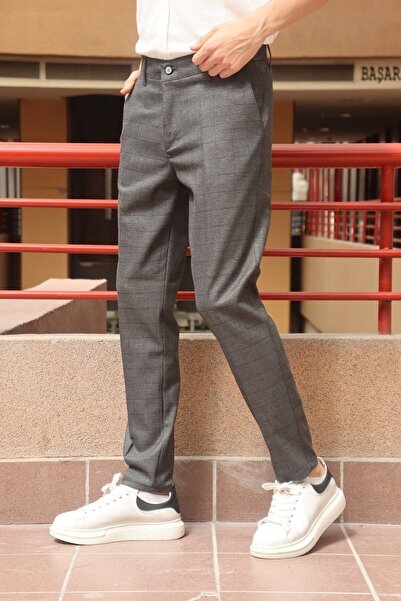 inpool Ανδρικό παντελόνι πολυβισκόζης με γκρι καρό σχέδιο