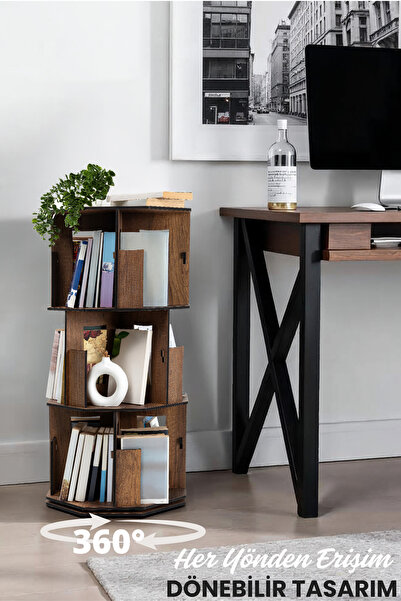 Vigo Wood 360° Dönebilir Ahşap Kitaplık 3 Katlı Ceviz