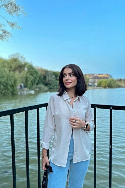 NEW LAVİVA Women's Beige Classic Collar Long Sleeve Regular Cut Standard Size Shirt (Custom Fabric)