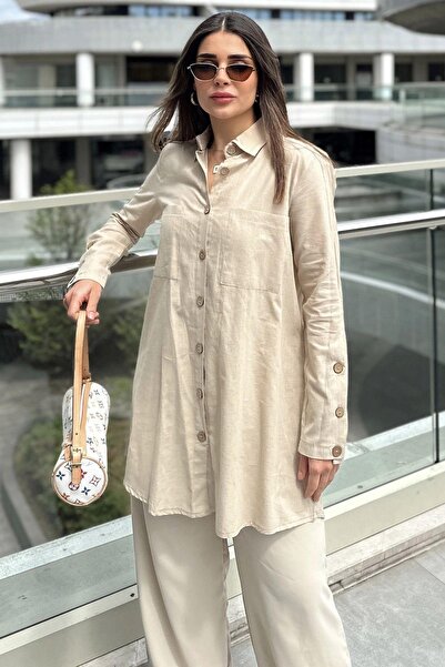 NEW LAVİVA Beige Women's Tunic Shirt - Long Sleeve, Wooden Button Detail, Pleated Back, Loose and Long Cotton