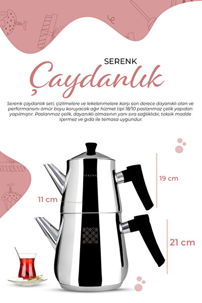 Serenk Definition Çaydanlık, 18/10 Paslanmaz Çelik, 1 L Demlik Ve 2 L Alt Hazne, Indüksiyon Uyumlu