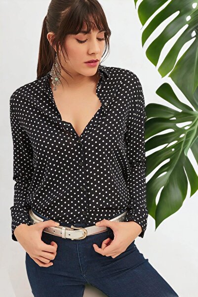 NEW LAVİVA Cămașă cu mânecă lungă cu buline, albastru bleumarin, pentru femei, cu croiala normală, mărime standard