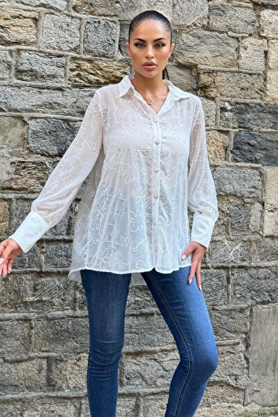 NEW LAVİVA Ekru Nakışlı Bürümcük Şifon Bluz