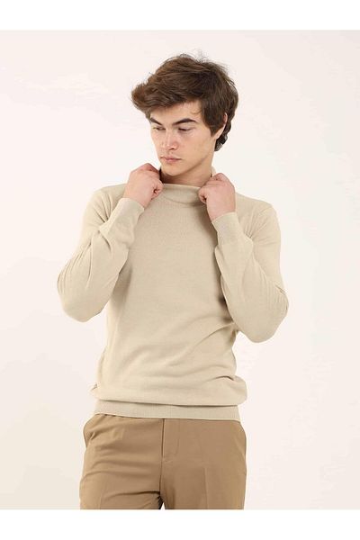Dufy Beige Men's Slim Fit Plain Classic Half Turtleneck Knitwear - 91102