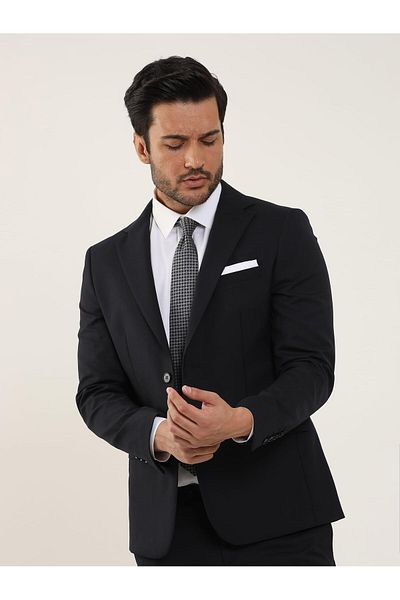 Dufy Men's Slim Fit Light Navy Blue Mono Collar Suit - 90140