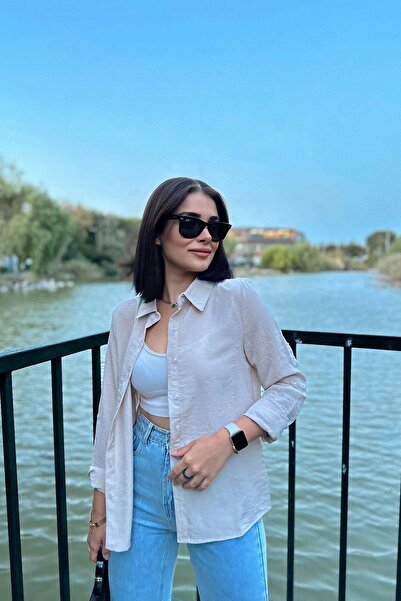 NEW LAVİVA Women's Beige Classic Collar Long Sleeve Regular Cut Standard Size Shirt (Custom Fabric)