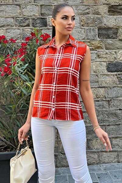 NEW LAVİVA Red Plaid Pattern - Comfortable Sleeveless Women's Shirt with Textured Bodrum Fabric