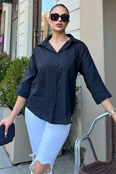 NEW LAVİVA Black Linen Loose Shirt - Three-Quarter Sleeve, Oval Cut, Anti-Sweat and Flame