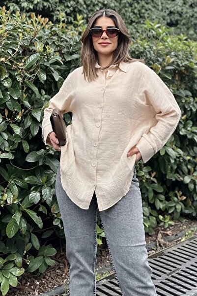 NEW LAVİVA Women's Beige Bat Sleeve, Pocket Detail, Loose Muslin Shirt