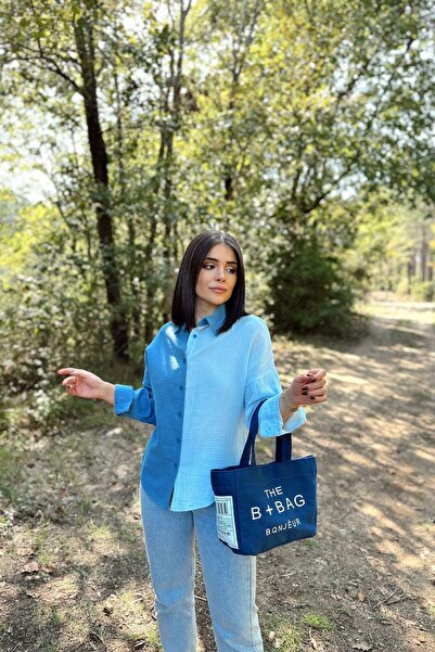 NEW LAVİVA Tesatura de muselina albastră de damă, bloc dublu, fustă ovala, mânecă lunga, cămașă cu croială normala