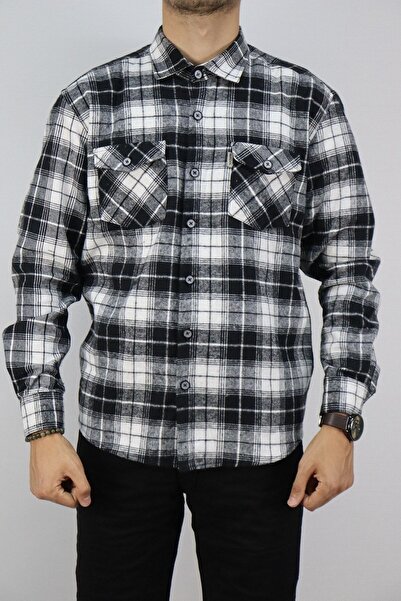 inpool Cămașă albă pentru bărbați, cu guler obișnuit, cu mânecă lungă, cu buzunar dublu, cămașă în carouri