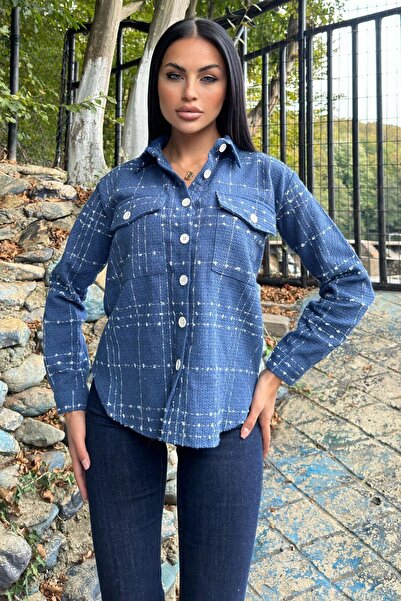 NEW LAVİVA Індіго картата твітова тканина, з двома кишенями, довга сорочка-жакет