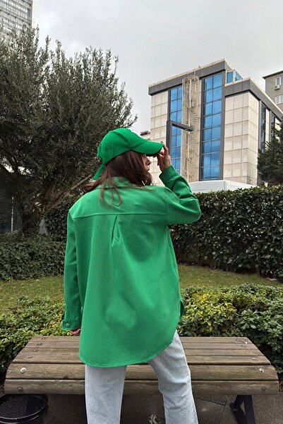 NEW LAVİVA Manecă lungă verde pentru femei, buzunar dublu, pliu la spate, tiv oval, despicat, jachetă de cămașă din gabardină