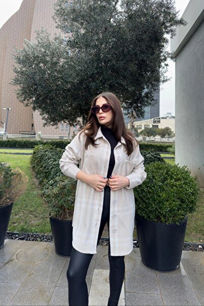 NEW LAVİVA Buzunar dublu bej pentru femei, model în carouri, potrivire confortabilă, cămașă cu ștampilă lungă