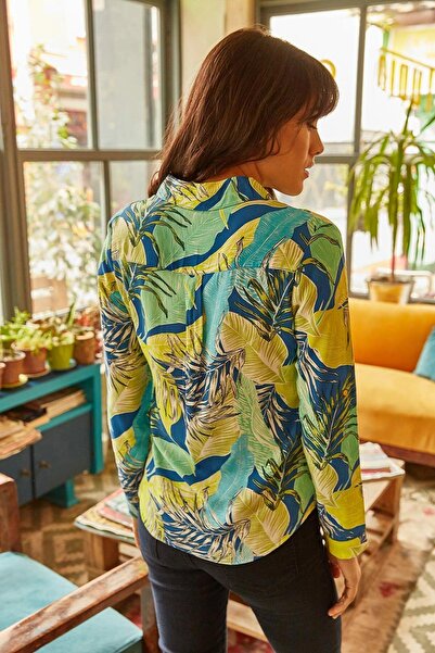 NEW LAVİVA Kadın Sarı Kaliteli Üretim Yaprak Desenli Regular Kesim Uzun Kol Gömlek